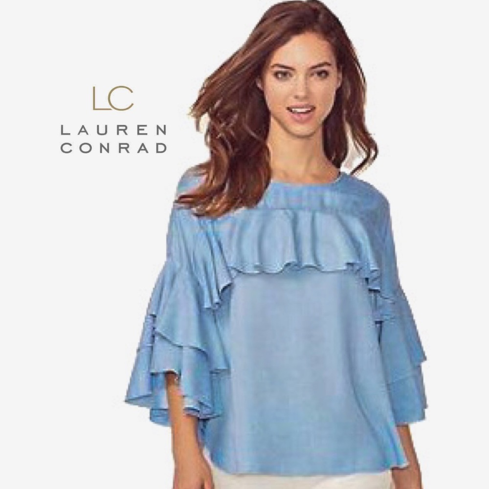 LC Lauren Conrad Blue Chambray Denim Tiered Ruffle Bell Sleeve Blouse Size XL